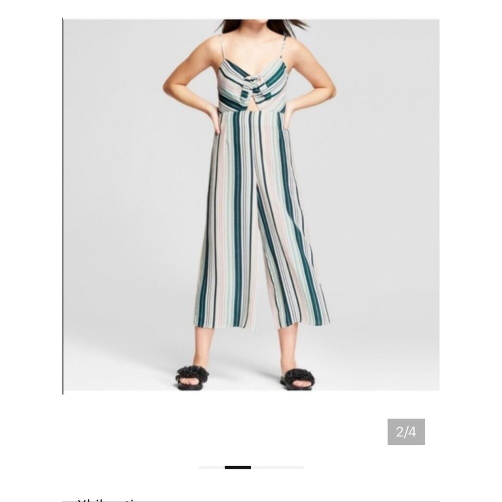 Xhilaration Striped Cropped Wide-Leg Jumpsuit - Teal, Pink, Cream